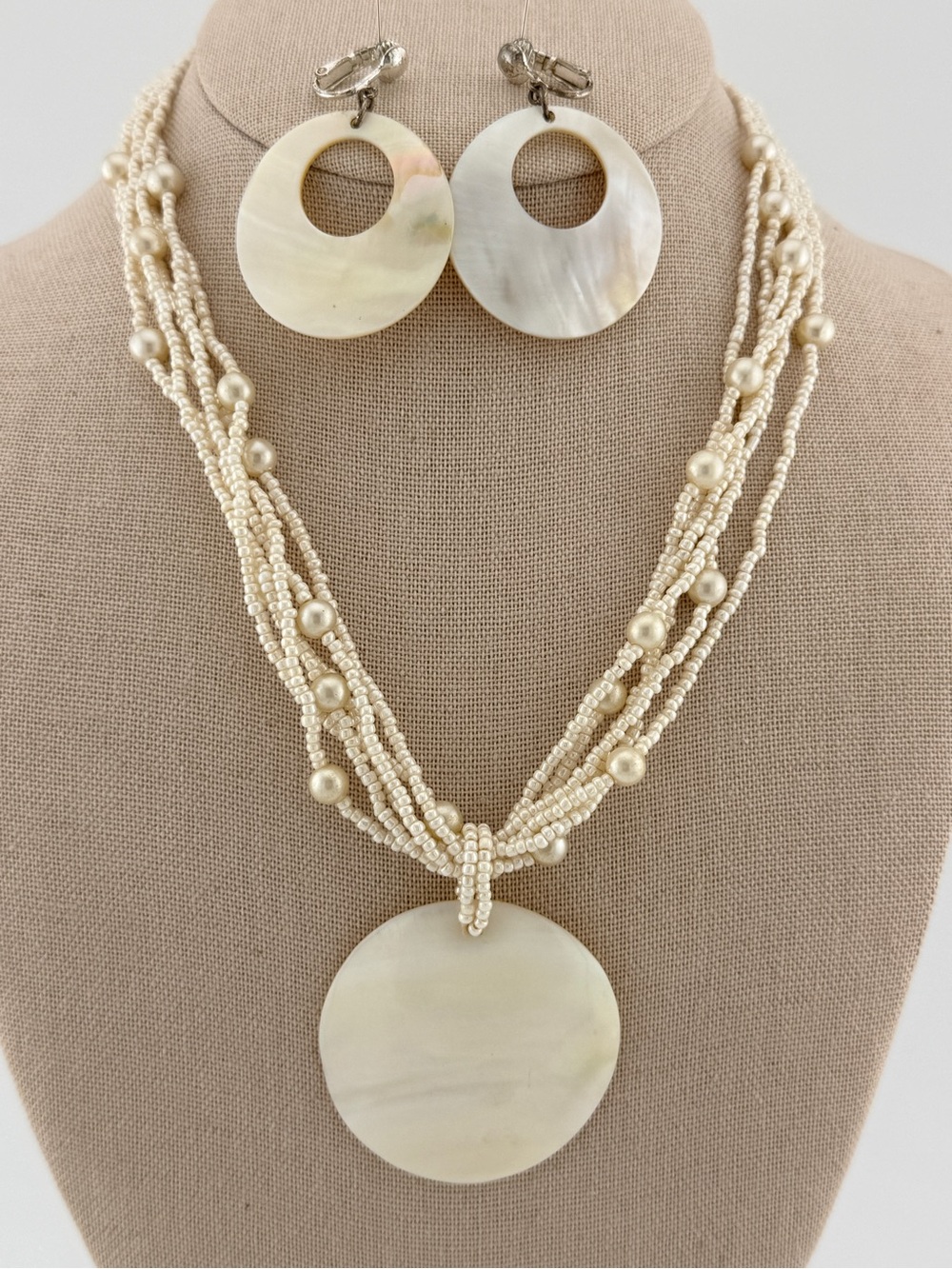 Boho Mother of Pearl Shell Disc Multi-Strand Beaded Jewelry Set